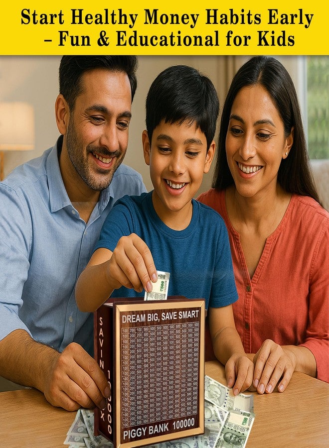 SWAGSTATION صندوق توفير للأطفال والكبار | حصالة نقود خشبية بقفل | حصالة كبيرة الحجم، هدفها 200 ألف روبية | صندوق توفير برقم 100 ألف روبية | حصالة نقود (صندوق 100 ألف روبية) - Image 5